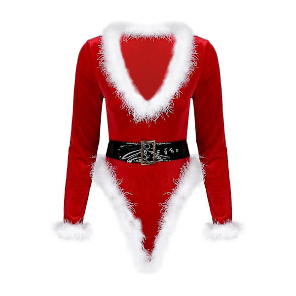 Breey Dam Shiny Metallic Klänning Tomtedräkt Huva Långärmad Fuskpäls Kant Klänning Med Bälte För Jul Cosplay Party Utklädning ZjXXL