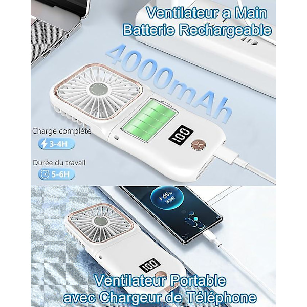 Mini Portabel Fläkt, Uppladdningsbar USB Handfläkt, Liten Portabel Vikbar Batteridriven Fickfläkt med LED-Display, Personlig Tyst Skrivbordsfläkt för Resor