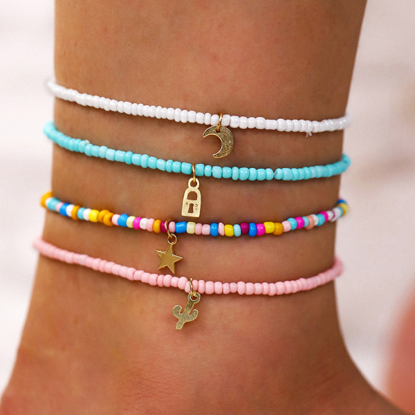 #Vristlänk 4st Summer Boho Layered Beaded Anklet Elastic#