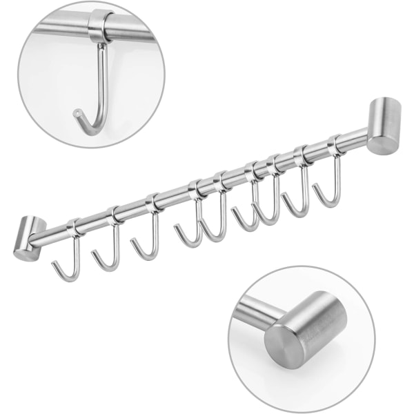 Köksskenestång i rostfritt stål med 9 krokar - Köksskenestång