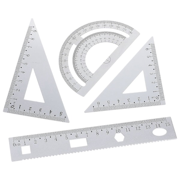 1 Set med 4 st DIY Metall Linjal Robust Kontors Metall Linjal Linjal Skrivset Triangelplatta Gradmätare Testlinjal för Elever Studenter Silver