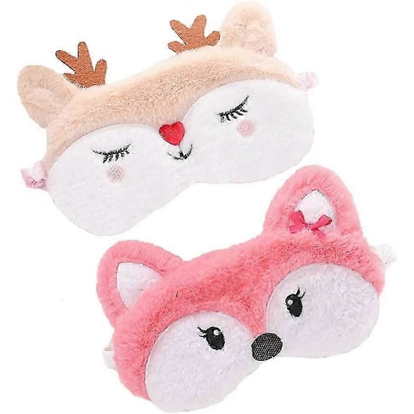 2-pack Söta Djur Sovmask för Flickor Söt Tecknad Räv Älg Mjuk Plysch Ögonbindel Sovmasker Ögonskydd för Kvinnor Flickor Resor Tupplur Nattsömn