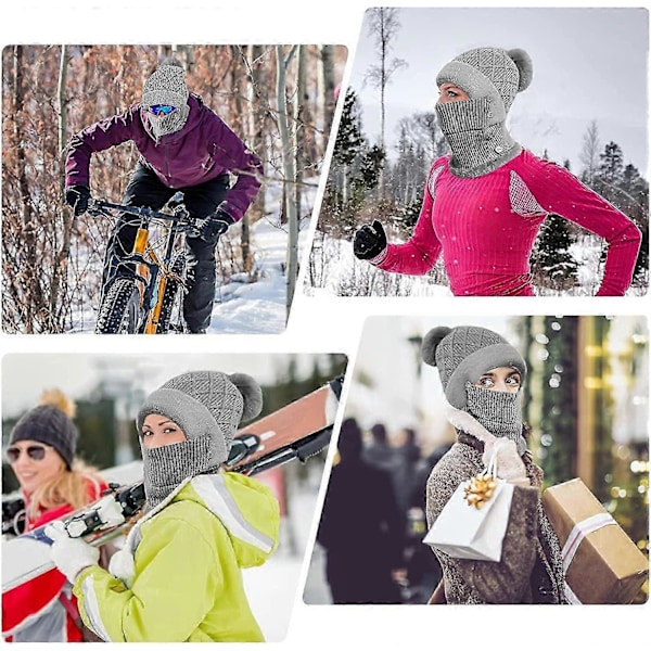 Dame Vinter Varm Strikket Hue Halsvarmer Sæt, Dobbelt Lag Fleeceforet Beanie Hue, Grå