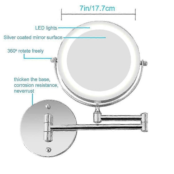 Vægmonteret Makeupspejl, 10x Forstørrende Tosidet LED Belyst Vanity Spejl Til Badeværelse, 360 Graders Drejelig, USB Genopladelig Og 7 Tommer Udtrækkelig Arm, ch