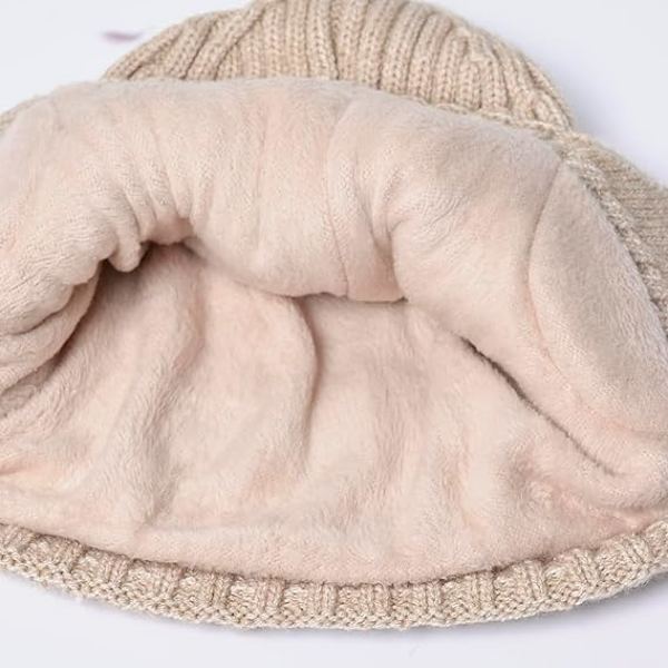 Vinterstickad mössa för män och kvinnor - Beige (med öronlappar) Varm