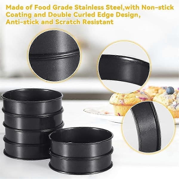 6 stk. Crumpet-ringer, 10 cm doble rullede runde kake-, terte-, kjeks-, egg- og burgerringer i rustfritt stål