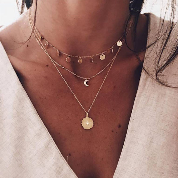 #2-delt gull sol og måne anheng choker halskjede med glitter og krystall for kvinner og jenter#