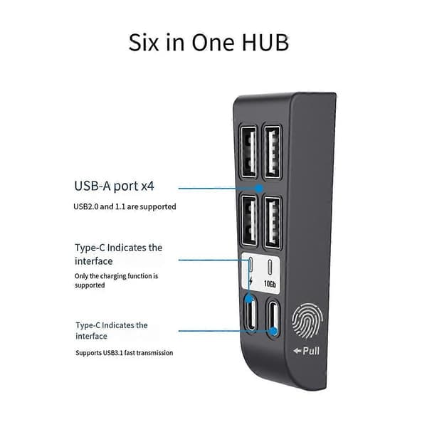 For Slim 6-I-1 USB 2.0 HUB Dataoverførsel Extender USB Multifunktionel Bærbar Splitter, Sort