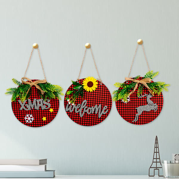 *3 PCS Rustikk Trefarget Rutemønster Krans Juledekorasjon Rund Tre*