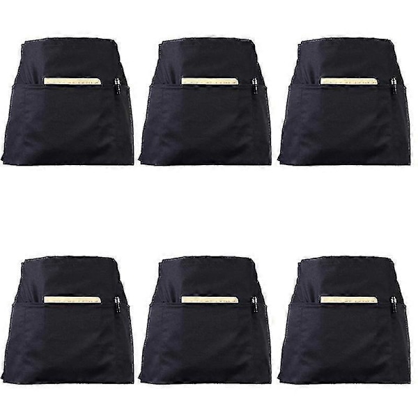6-pack Svarta Midjeförkläden Med 3 Fickor - Halvförkläden För Servitris Servitör 61 x 30 cm Serveringsförkläde