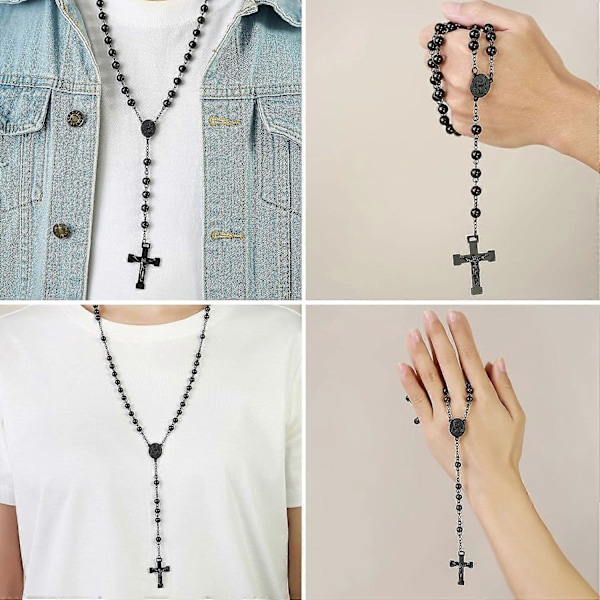 Unisex Musta Ruostumaton Teräs Pitkä Ruusukkorukousnauha Jeesus Risti Katolinen