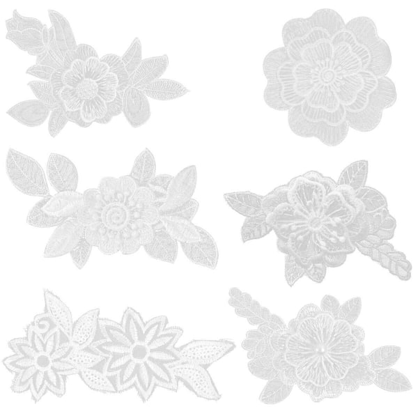 6 st Vita Broderade Vackra Spetsblommor Applikationer DIY Sömnadshantverk