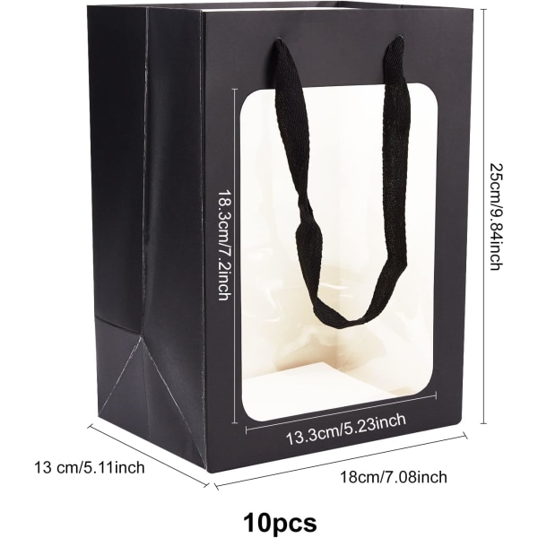 10-pack svarta kraftpapperspåsar med fönster 25x18x13cm presentpåsar