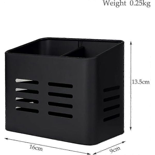 Bestikkboks i metall med rom, bestikkdryppebrett 9 x 16 x 13,5 cm, vertikal verktøyorganisator for kjøkkenbenk og bord (svart)