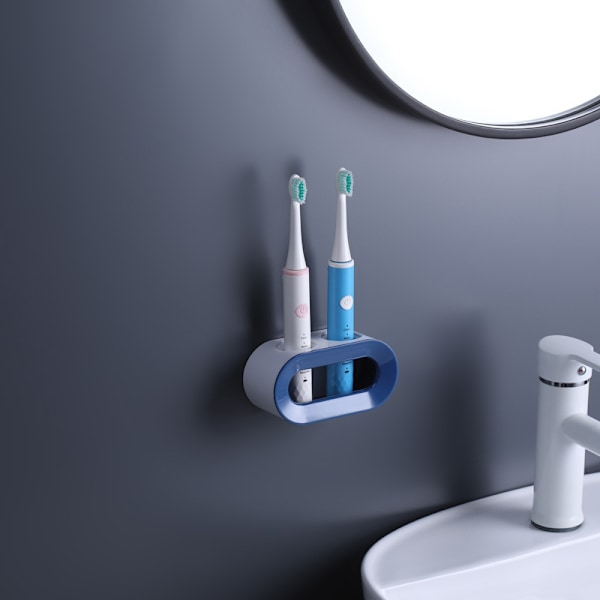 Set med 2 Elektriska Tandborsthållare (Blå + Grå), Avrinningsbar Väggmonterad