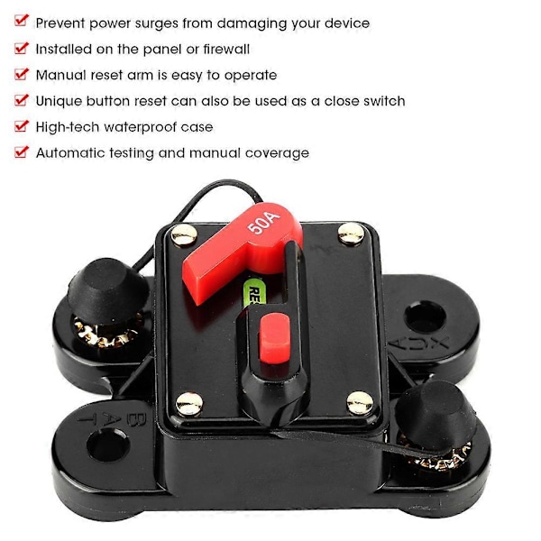 Bil Audio Automatisk Manuel Reset Sikringsholder Strømafbryder 12V 50A