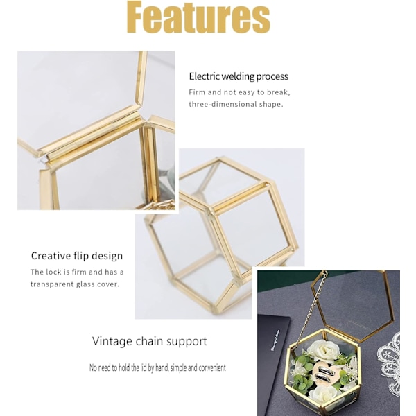 Guld Geometrisk Smykkeæske, Glas Hexagon Smykkeæske, Guld Clea
