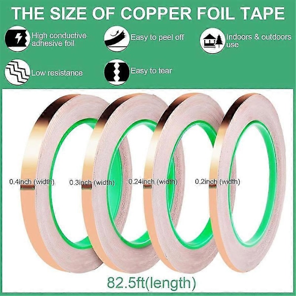 Kopparfolietejp, ledande koppartejp 4 storlekar (0,2/0,24/0,3/0,4 tum) X 25 meter, lämplig för målat glas