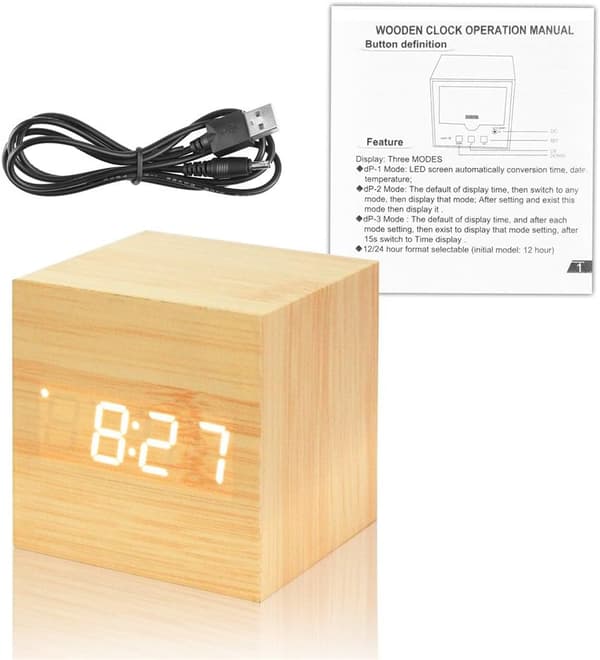 *Trævækkeur Mini Digitalur med Tid Temperatur Displ*