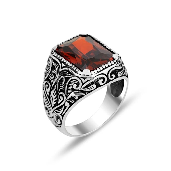 #Herrring med vintage-design och fyrkantig röd zirkonia, storlek 8#