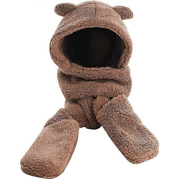 Vinter Hoodie Mössa Halsduk Handskar Set, 3 i 1 Varm Plysch Korallfleece