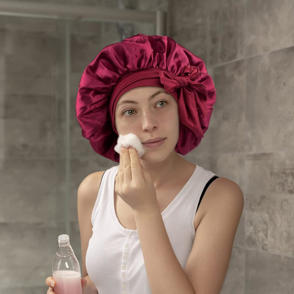 Satin Hår Bonnet Nat, Satin Sovehue, Justerbar Bruse C
