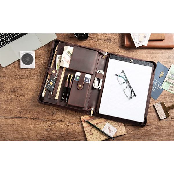 #Personlig A4-mappe Læder A4-mappe med lynlås Notesblokholder Foldbar Organizer Mørkebrun Gave til mænd#