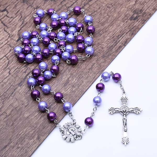 #Catholic Blue Crystal Beads Halsband Rosenkrans Silver Chain Crucifix Hänge Halsband Rosenkrans Bön Halsband Holy Cross Necklace for Women Män Smycken#
