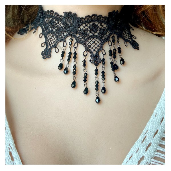 #1 stykke svart blondeanheng perlekjede gotisk dusk Blomst hult halskjede Smykketilbehør for kvinner og jenter#