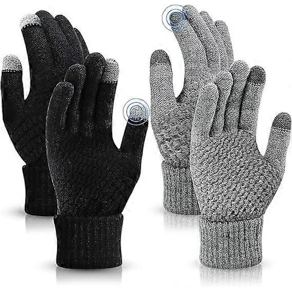 Par Dame Vinter Strikkede Handsker, Varme Parhandsker, Touch Screen Handsker Med Tyndt Fleecefor, Velegnet Til Fritidsaktiviteter Sort/Hvid One S