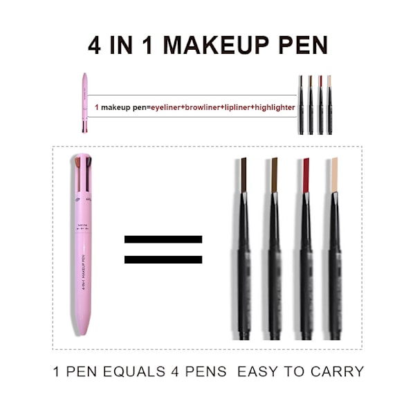 #4-i-1 Makeup Pen, Øjenliner, Øjenbrynliner, Læbeblyant og Highlight#