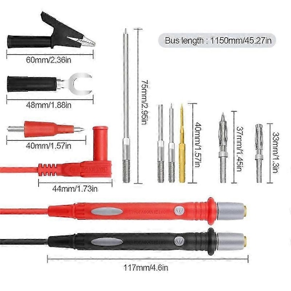 22 stk. multimeter testledningssett, testledninger med bakprober, multimeterprober, testledninger med krokodilleklemmer, prober