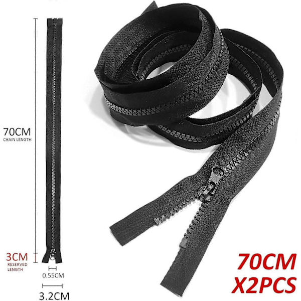 2-pack 70 cm Svarta Dragkedjor - Starka Nylon Dragkedjor med Stängd Ände. Perfekt för Sömnad, Sömnad, Hantverk och Tillbehör