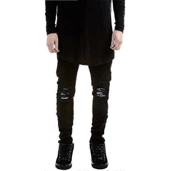 Män Stretch Knä Ripped Denim Byxor Skinny Casual Slim Fit Jeans Distressed Byxor