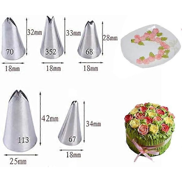 5 stk. russiske sprøytetipper i rustfritt stål, kakepyntingsdyser, kakepyntings-glasurdyser, kakepyntingssett for DIY bakeverktøy (5 stk. blad)