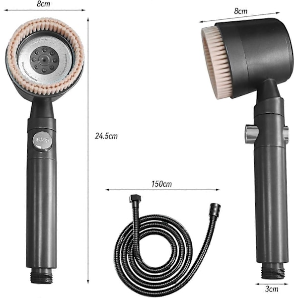 Massasjedusjhode med rensende massasjefunksjon, vannbesparende, med 1,5 m slange og 2 filtre, 5 strømningsmønstre (Metallic Grey)