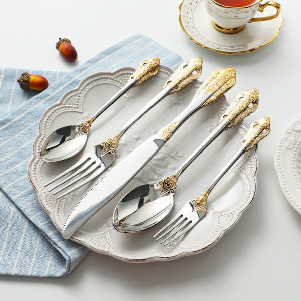 #5 dele rustfrit stål porcelæn guld bestik sæt#