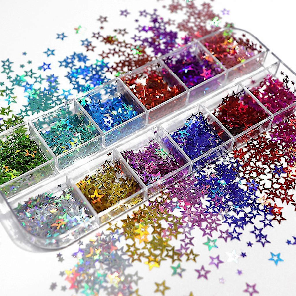12 Fack/låda Holografiskt Glitter Ihåliga Stjärnor Form Pailletter Epoxiharts Fyllning