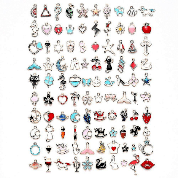 100 stk. Blandet Assorteret Guldbelagt Emalje Dyr Frugt Måne Stjerne Fin Dingle Charm Pen