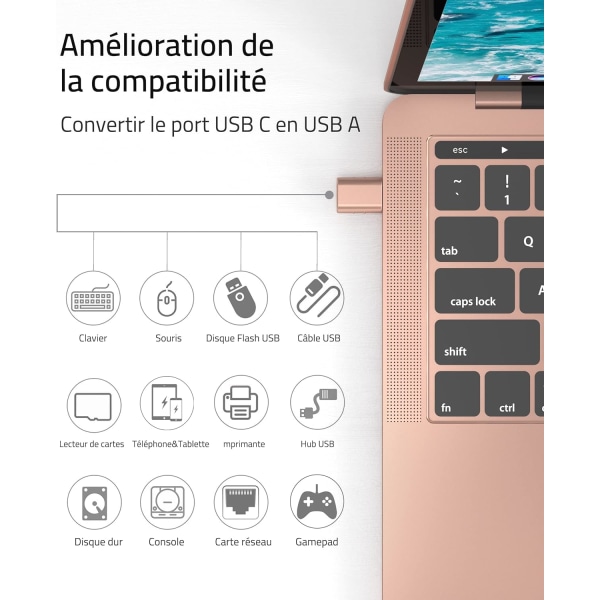 Rosegull USB C til USB-adapter 2-pakning USB C hann til USB3 hunn