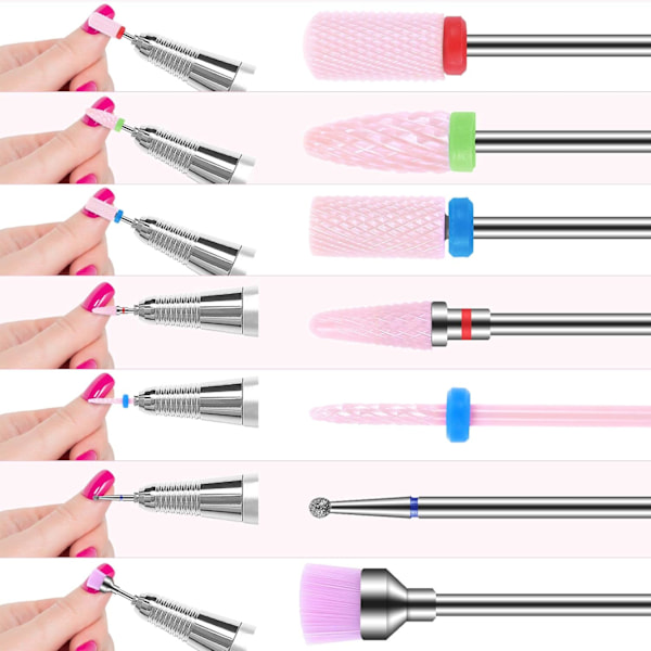 Rosa 7-delad set med keramiska nagelfräsbits - Professionell för att ta bort gellack