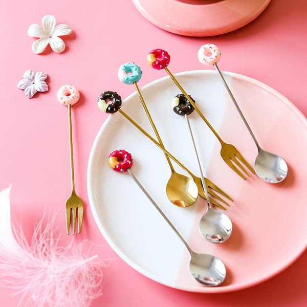 Ske og gaffel i rustfrit stål til donuts, is, kage, dessert, kaffe Pink Pink Fork