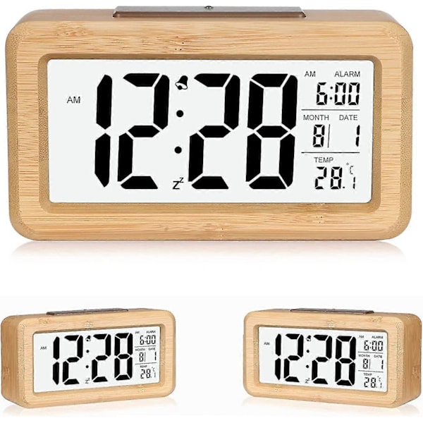 Väckarklocka, enkel inställning, digital väckarklocka i bambu med temperatur, datum, bakgrundsbelysning, snooze, för sovrum, säng, hem, kontor, utan