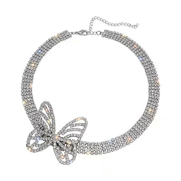 Rhinestone Sommerfugl Choker Halskæde Sølv Krystal Chokers Række Halskæder Glitrende Tennis Kæde Prom Fest Hals Smykker til Kvinder og Piger