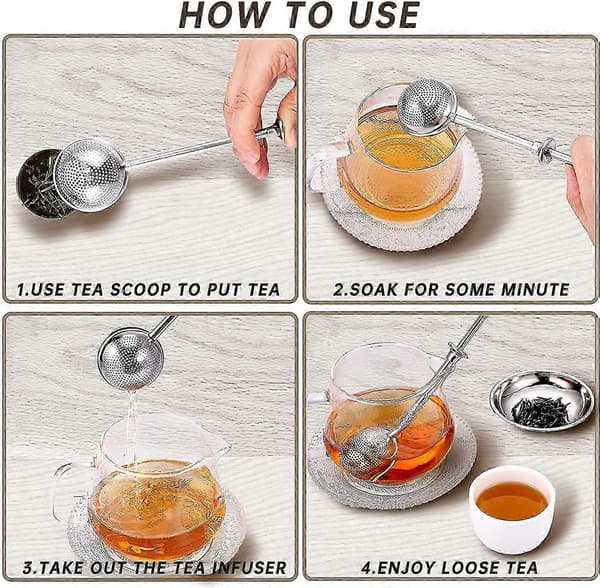 2 stk. te-infuser med underskål, te-si med langt håndtag i rustfrit stål