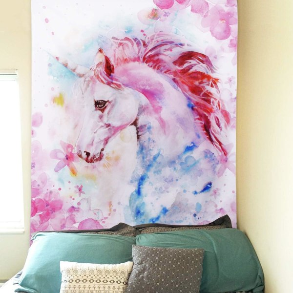 Rosa Unicorn Hippie Kunstveggteppe for Soverom - Estetisk Wat