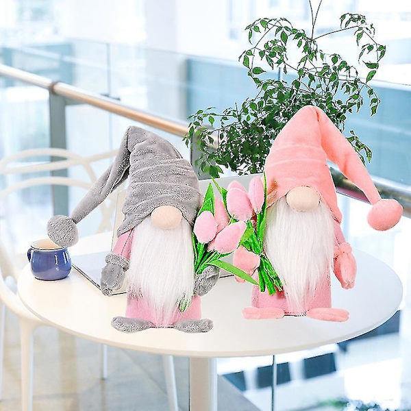 Gnome Docka Söt Långt Vitt Skägg Tyg Tulpanbukett Klassisk Svensk Ansiktslös Dockdekor För Mors Dag Rosa