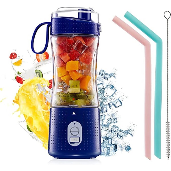 #Marinblå Bärbar Mixer USB Laddningsbar Smoothie på Farten Mixerkopp med Sugrör#