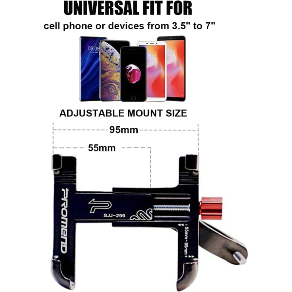 Promend Aluminiums Telefonholder for Sykkel og Motorsykkel, Justerbar, N