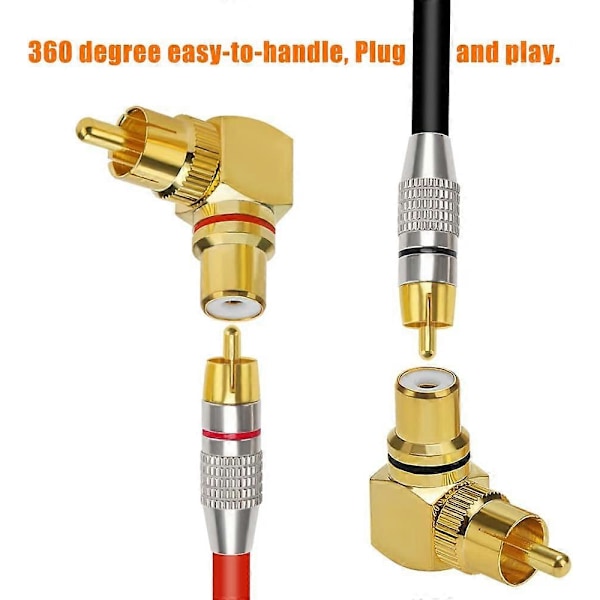 4 stk. RCA Rettvinkeladapter, 90 Graders RCA Hann til Hunn Adapter, RCA Vinkelplugg Adapter Gullbelagt for Stereo Audio eller AV Video (2 Røde +